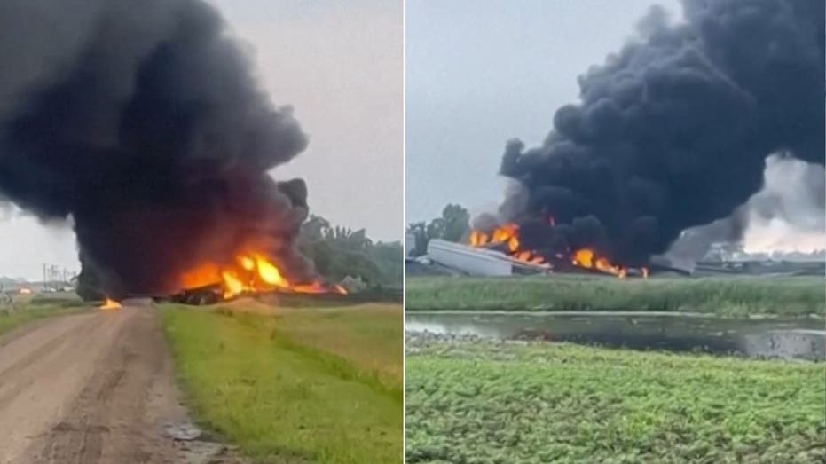 Train hauling hazardous material derails, catches fire in North Dakota