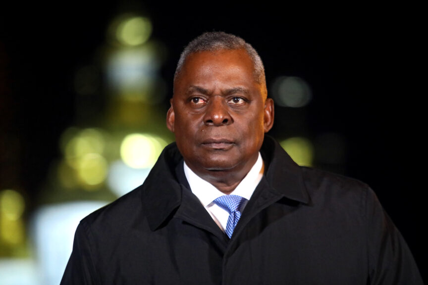 US Secretary of Defense Lloyd Austin is seen during a press conference on Mykhailivska Square, Kyiv.