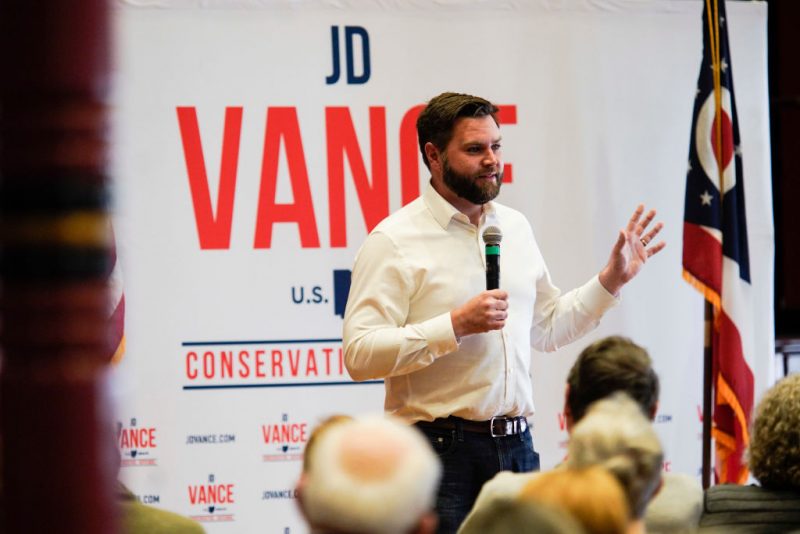 MT VERNON, OH - NOVEMBER 06: Ohio Senate nominee JD Vance talks to supporters during a campaign stop at the Woodward Opera House on November 6, 2022 in Mount Vernon, Ohio. Knox County, where Mount Vernon is located, recorded 71% of votes for then-President Donald Trump in the 2020 general election. Vance, a Republican who has been endorsed by Trump, and Rep. Tim Ryan (D-OH) are in a tight race heading into the general election on November 8. (Photo by Andrew Spear/Getty Images)