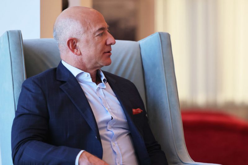 Amazon founder Jeff Bezos meets with British Prime Minister Boris Johnson at the UK diplomatic residence on September 20, 2021 in New York City. The British Prime Minister is one of more than 100 heads of state or government to attend the 76th session of the UN General Assembly in person, although the size of delegations is smaller due to the Covid-19 pandemic. According to Downing Street, Johnson planned on speaking with Bezos on the tech giant’s tax record. (Photo by Michael M. Santiago/Getty Images)