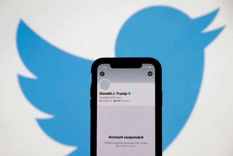 SAN ANSELMO, CALIFORNIA - JANUARY 08: The suspended Twitter account of U.S. President Donald Trump appears on an iPhone screen on January 08, 2021 in San Anselmo, California. Citing the risk of further incitement of violence following an attempted insurrection on Wednesday, Twitter permanently suspended President Donald Trump’s account. (Photo Illustration by Justin Sullivan/Getty Images)