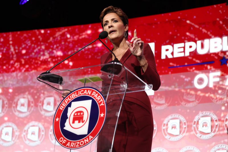 SCOTTSDALE, ARIZONA - NOVEMBER 08: Arizona Republican gubernatorial nominee Kari Lake speaks to supporters during her election night event at The Scottsdale Resort at McCormick Ranch on November 08, 2022 in Scottsdale, Arizona. Election results continue to come in the race for Arizona Governor between Kari Lake and Democratic challenger Katie Hobbs. (Photo by Justin Sullivan/Getty Images)
