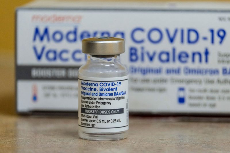 This photo shows a vial of the Moderna Covid-19 vaccine, Bivalent, at AltaMed Medical clinic in Los Angeles, California, on October 6, 2022. (Photo by RINGO CHIU / AFP) (Photo by RINGO CHIU/AFP via Getty Images)