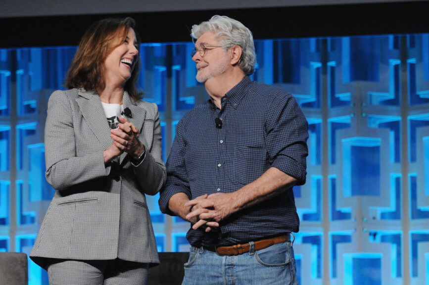 ORLANDO, FL - APRIL 13: Kathleen Kennedy and George Lucas attend the 40 Years of Star Wars panel during the 2017 Star Wars Celebrationat Orange County Convention Center on April 13, 2017 in Orlando, Florida. (Photo by Gerardo Mora/Getty Images for Disney)