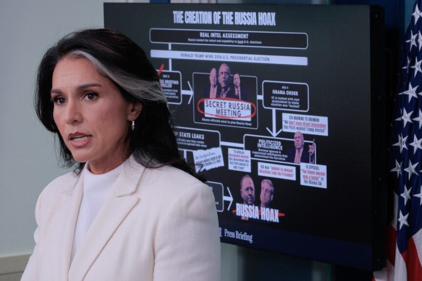 White House Director of National Intelligence Tulsi Gabbard talks to reporters in the Brady Press Briefing Room at the White House on July 23, 2025 in Washington, DC.