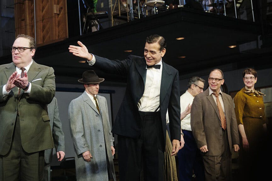 NEW YORK, NEW YORK - APRIL 03: George Clooney celebrates on stage with cast during curtain call for "Good Night, And Good Luck" Broadway Opening Night at Winter Garden Theatre on April 03, 2025 in New York City. (Photo by Valerie Terranova/WireImage)