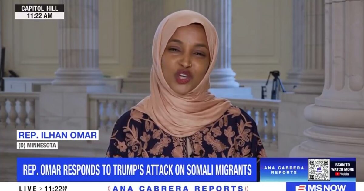 Ilhan Omar, U.S. Representative from Minnesota, speaks on Capitol Hill addressing Trump's remarks about Somali migrants during a live broadcast.