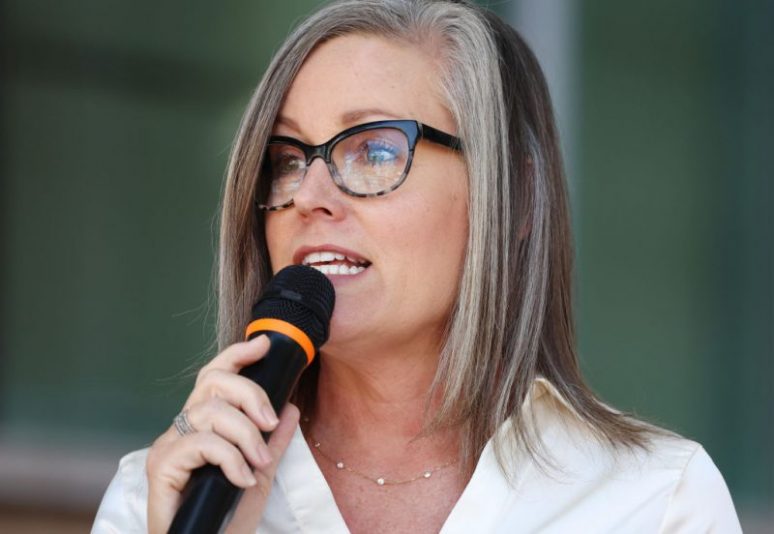TUCSON, ARIZONA - OCTOBER 07: Arizona Secretary of State and Democratic gubernatorial candidate Katie Hobbs speaks at a press conference calling for abortion rights outside the Evo A. DeConcini U.S. Courthouse on October 7, 2022 in Tucson, Arizona. Hobbs discussed Arizona’s near-total abortion ban, which dates back to 1864, and her aim to restore abortion rights in the state. (Photo by Mario Tama/Getty Images)