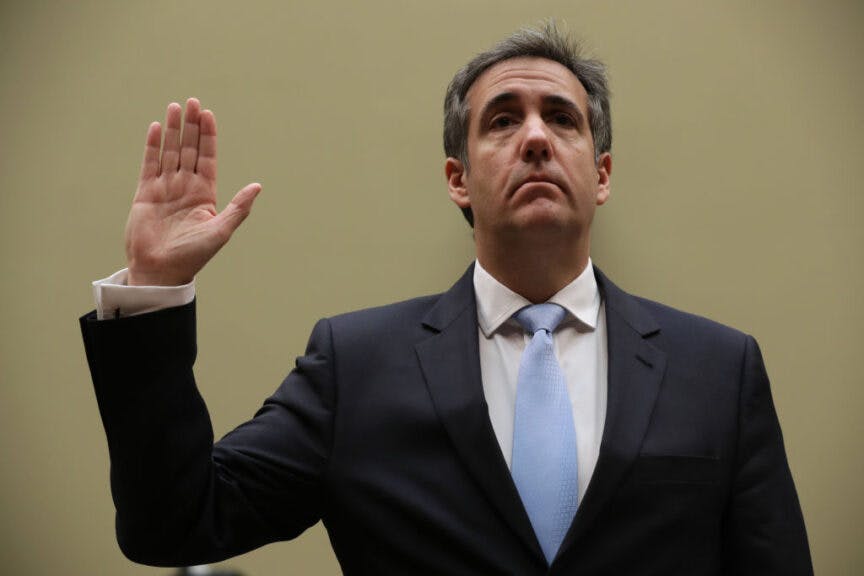 WASHINGTON, DC - FEBRUARY 27: Michael Cohen, former attorney and fixer for President Donald Trump is sworn in before testifying before the House Oversight Committee on Capitol Hill February 27, 2019 in Washington, DC. (Photo by Chip Somodevilla/Getty Images)