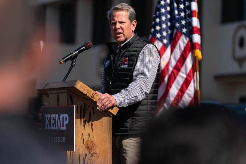 NORCROSS, GA - OCTOBER 22: Republican Georgia Governor Brian Kemp speaks at a campaign event celebrating Diwali on October 22, 2022 in Norcross, Georgia. Democrat Stacey Abrams is pursuing a rematch against incumbent Republican Brian Kemp in the race for Georgia governor. (Photo by Elijah Nouvelage/Getty Images)