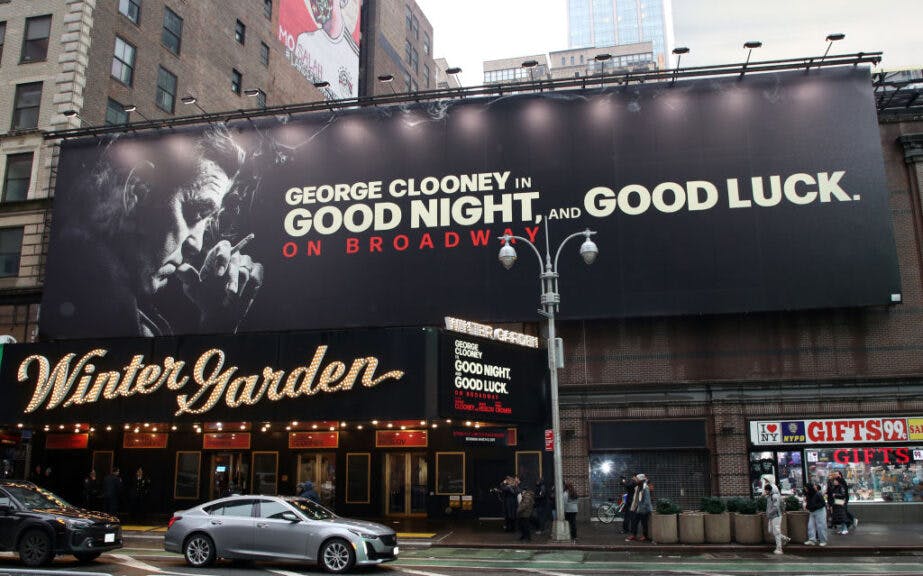NEW YORK, NEW YORK - FEBRUARY 6: Signage during a press event announcing the cast of the play based on the 2005 film "Good Night, And Good Luck" on Broadway at The Wintergarden Theatre on February 6, 2025 in New York City. (Photo by Bruce Glikas/WireImage)