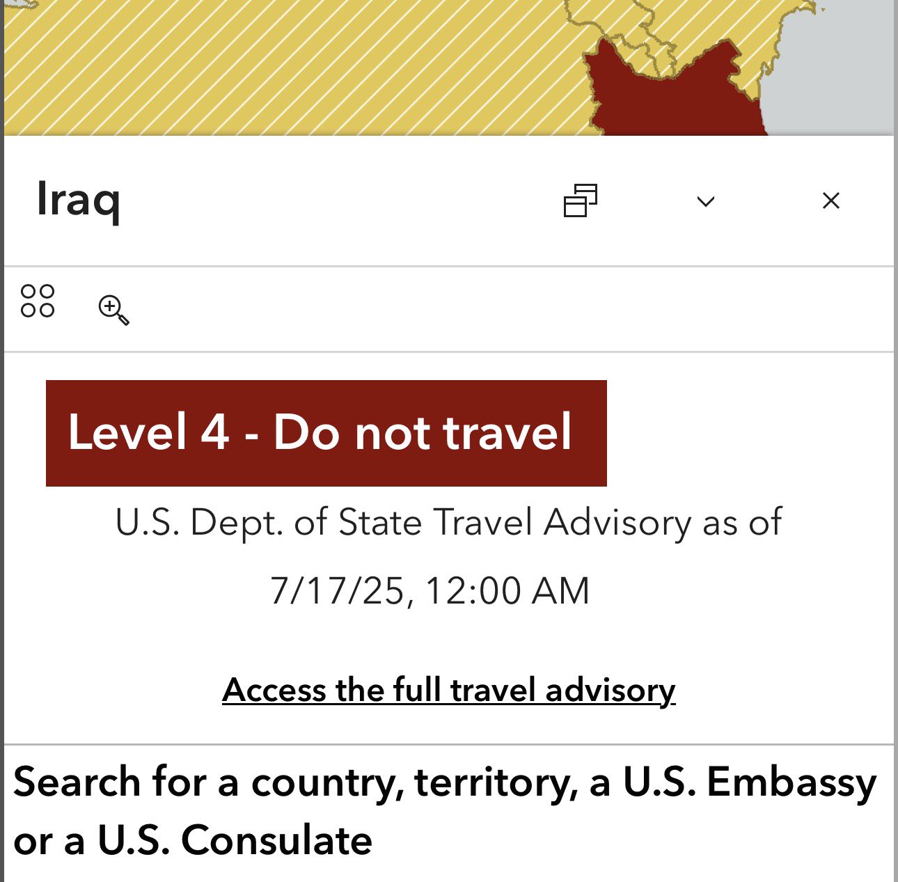 U.S. Department of State, International Travel Advisory Map