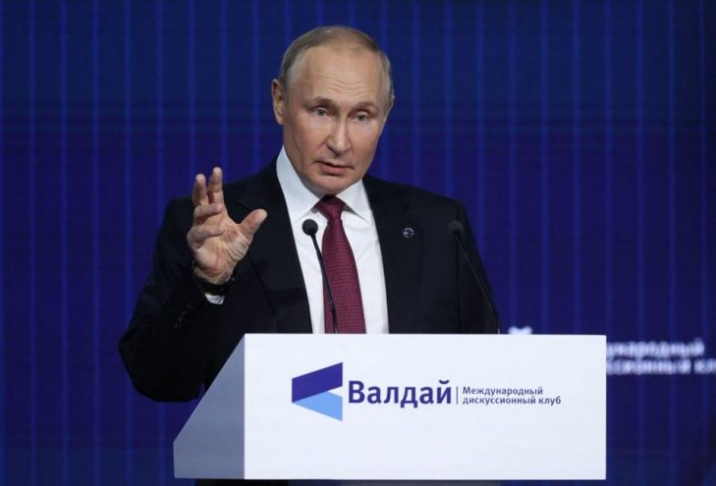 Russian President Vladimir Putin addresses the plenary session of the Valdai Discussion Club forum in the Moscow region on October 27, 2022. (Photo by Sergei KARPUKHIN / SPUTNIK / AFP) (Photo by SERGEI KARPUKHIN/SPUTNIK/AFP via Getty Images)