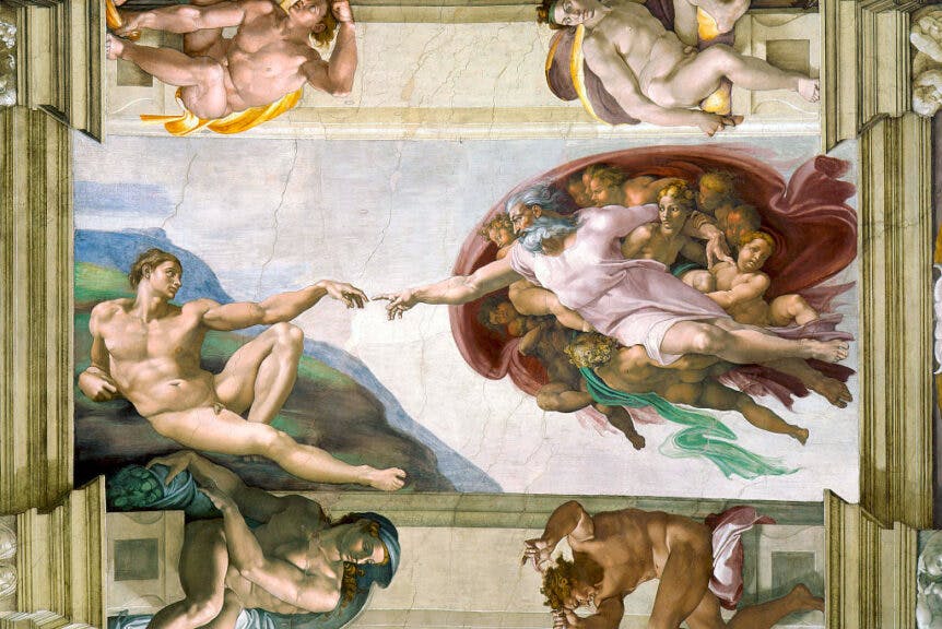 The Creation of Adam from the Sistine Chapel ceiling by Michelangelo Buonarroti (Italian, 1475 - 1564); fresco, 1508 - 12.