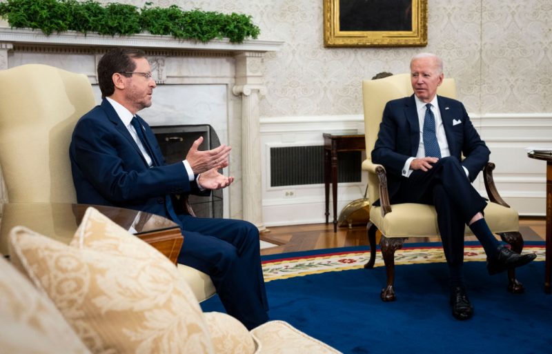WASHINGTON, DC - OCTOBER 26: Israeli President Isaac Herzog speaks during a meeting with U.S. President Joe Biden in the Oval Office of the White House on October 26, 2022 in Washington, DC. Herzog is in Washington for a two-day visit to meet with U.S. leaders and discuss geopolitical issues. (Photo by Doug Mills-Pool/Getty Images)