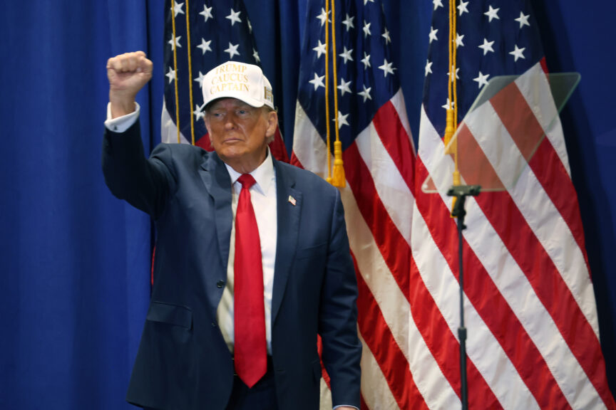 INDIANOLA, IOWA - JANUARY 14: Former President Donald Trump leaves a rally at Simpson College on January 14, 2024 in Indianola, Iowa. Tomorrow Iowa Republicans will be the first to select their party's nomination for the 2024 presidential race when they go to caucus.