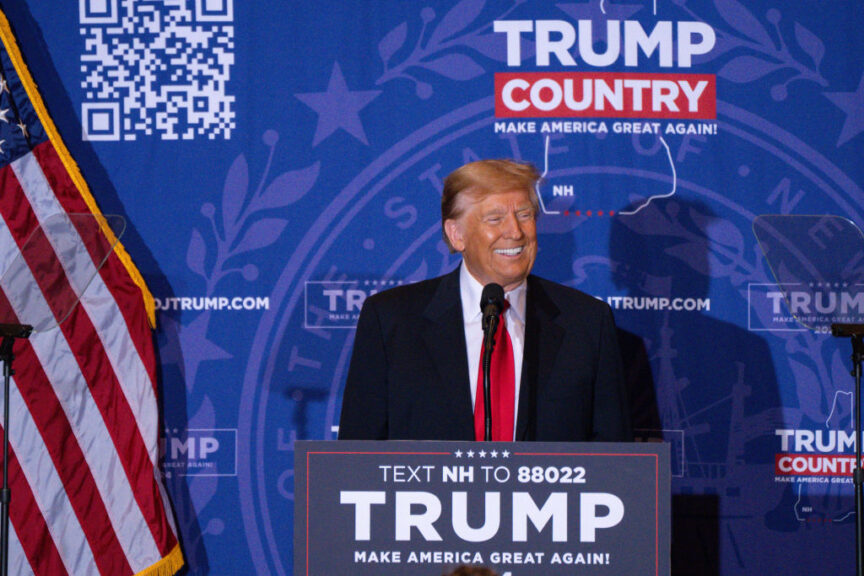 Former US President Donald Trump smiles during a campaign event at the Atkinson Resort and Country Club in Atkinson, New Hampshire, US, on Tuesday, Jan. 16, 2024. Trump cruised to victory in the Iowa caucuses Monday, strengthening his status as the clear Republican frontrunner for his party's 2024 nomination. Photographer: Mel Musto/Bloomberg via Getty Images