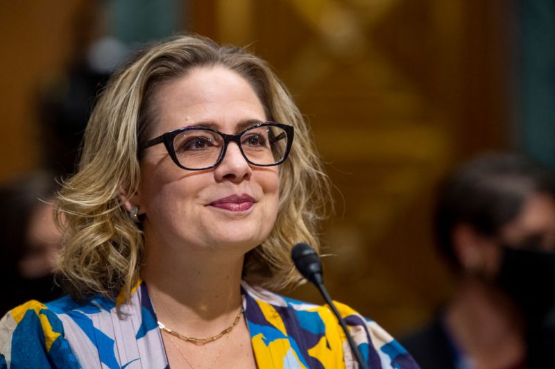 U.S. Sen. Kyrsten Sinema (D-AZ) speaks during a United States Senate Committee on Finance hearing to consider Chris Magnus's nomination to be Commissioner of U.S. Customs and Border Protection on October 19, 2021 in Washington, DC. The hearing for Magnus’s confirmation comes after it was delayed for several months by Chairman Sen. Ron Wyden (D-OR), who called on the Department of Homeland Security to release documents related to the involvement of DHS in the street protests in Portland, Oregon. (Photo by Rod Lamkey-Pool/Getty Images)