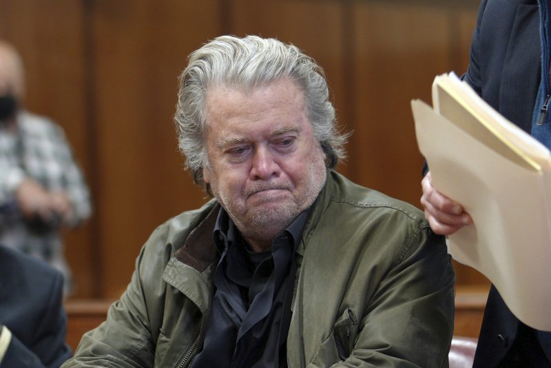 Former President Donald Trump's longtime ally Steve Bannon appears in Manhattan Supreme Court, Tuesday, Oct. 4, 2022. Bannon's trial on charges he defrauded donors who gave money to build a wall on the U.S. southern border might not happen until late next year, a judge said Tuesday. (Curtis Means/DailyMail via AP, Pool)