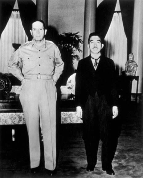 circa 1945: American soldier General MacArthur with Japanese Emperor Hirohito (1901 - 1989) at the United States Embassy in Tokyo. (Photo by Keystone/Getty Images)