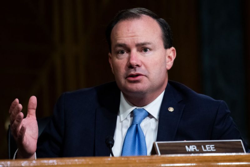 WASHINGTON, DC - JUNE 16: Sen. Mike Lee (R-UT) asks a question at a Judiciary Committee hearing in the Dirksen Senate Office Building on June 16, 2020 in Washington, D.C. The Republican-led committee was holding its first hearing on policing since the death of George Floyd while in Minneapolis police custody on May 25. (Photo by Tom Williams-Pool/Getty Images)