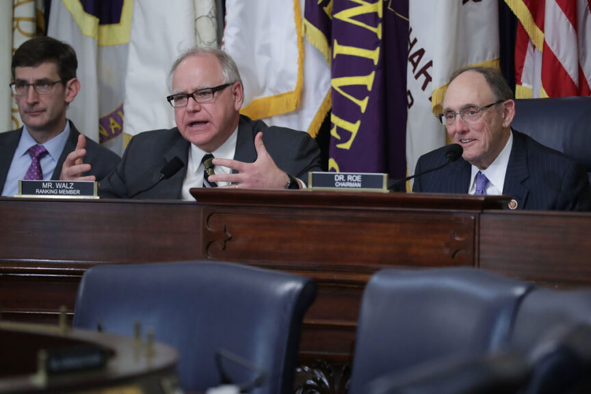 WASHINGTON, DC - MARCH 07:  House Veterans Affairs Committee ranking member Rep. Tim Walz (D-MN) 2nd L) and Chairman Phil Roe (R-TN) listen to testimony during a hearing about ongoing reforms at the Veterans Affairs Department in the Cannon House Office Building on Capitol Hill March 7, 2017 in Washington, DC. Titled, 'Shaping the Future: Consolidating and Improving VA Community Care,' the hearing focused on the work the department is doing to reduce patient wait time with the Patient Centered Community Care and the Veterans Choice programs.  (Photo by Chip Somodevilla/Getty Images)