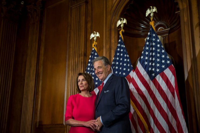 WASHINGTON, DC - JANUARY 03: House Speaker Nancy Pelosi is pictured with her husband, Paul Pelosi, on Capitol Hill on January 3, 2019 in Washington, DC. Under the cloud of a partial federal government shutdown, Pelosi reclaimed her former title as speaker and her fellow Democrats took control of the House of Representatives for the second time in eight years. (Photo by Zach Gibson/Getty Images)