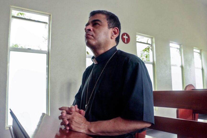 Nicaraguan Catholic bishop Rolando Alvarez prays at the Santo Cristo de Esquipulas church in Managua, on May 20, 2022. - Alvarez, a strong critic of Daniel Ortega's government, started on Thursday a hunger strike in protest against what he considers a persecution and police siege against him. (Photo by AFP) (Photo by STR/AFP via Getty Images)