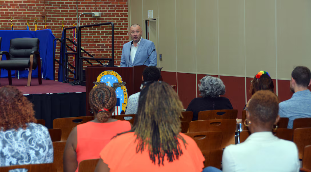 Jeremy Lannan, national vice president, AFGE Women and Fair Practices, was the guest speaker for the lesbian, gay, bisexual, and transgender (LGBT) Pride Month program held in the Frank B. Lotts Conference Center on Defense Supply Center Richmond, Virginia / Department of Defense