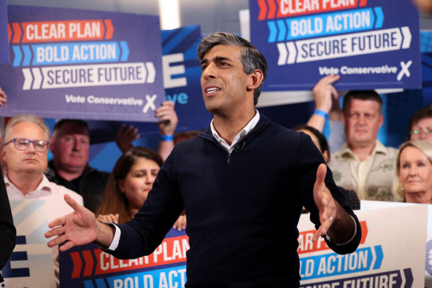 HAMPSHIRE, UNITED KINGDOM - JULY 3: British Prime Minister Rishi Sunak gestures during his final rally at Romsey Rugby Football Club as part of a Conservative general election campaign event on July 3, 2024 in Hampshire, United Kingdom. Last night the Conservatives bought out former Prime Minister Boris Johnson to endorse Sunak's election campaign. (Photo by Claudia Greco - WPA Pool/Getty Images)