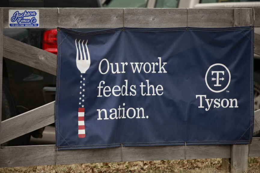 Signage ooutside a Tyson Foods Inc. plant in Union City, Tennessee, U.S., on Wednesday, Feb. 16, 2022. American poultry farmers were already struggling to boost production before deadly avian influenza started popping up for the first time in several years. Tyson said it was heightening biosecurity measures after the deadly bird flu strain was detected. Photographer: Luke Sharrett/Bloomberg via Getty Images