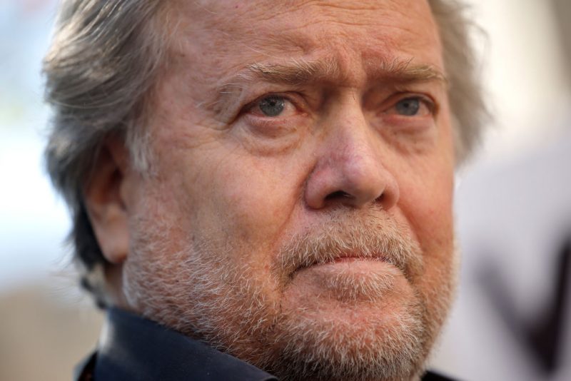 WASHINGTON, DC - OCTOBER 21: Former Trump White House senior advisor Stephen Bannon speaks to journalists after leaving federal court after being sentenced on October 21, 2022 in Washington, DC. Bannon was sentenced to four months in prison after a federal jury found him guilty of two counts of contempt of Congress after he refused to turn over documents or be interviewed by the House committee investigating the January 6 attack on the U.S. Capitol. (Photo by Chip Somodevilla/Getty Images)