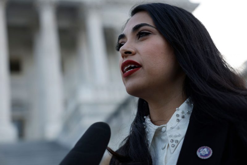 WASHINGTON, DC - JUNE 21: U.S. Rep. Mayra Flores (R-TX) is interviewed by a reporter outside the Capitol Building after being sworn in on June 21, 2022 in Washington, DC. Flores was elected to fill the seat held by Democratic Rep. Filemon Vela, who resigned from office in March. She is the first Mexican-born woman elected to Congress. (Photo by Anna Moneymaker/Getty Images)