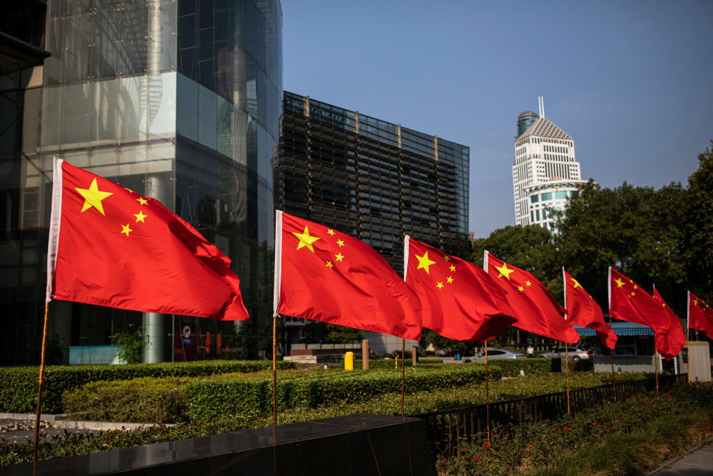 The national flag of China is displayed in a street on October 1, 2023 in Wuhan, Hubei province, China. China is celebrating their 73nd National Day and a week-long holiday known as the "Golden Week". (Photo by Getty Images