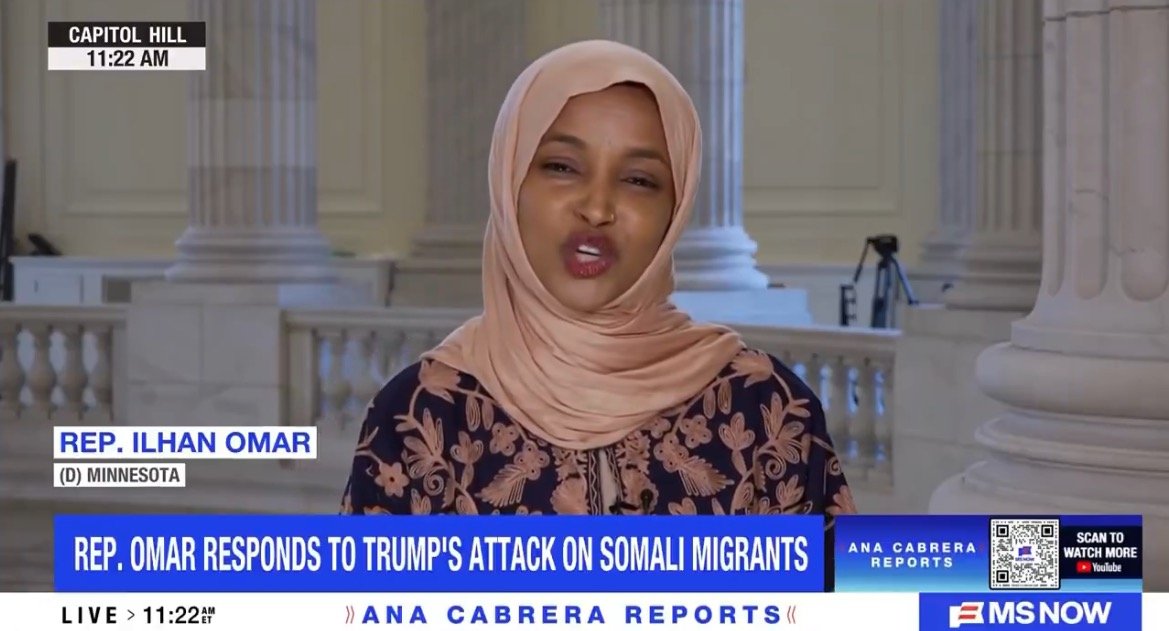 Ilhan Omar, U.S. Representative from Minnesota, speaks on Capitol Hill addressing Trump's remarks about Somali migrants during a live broadcast.