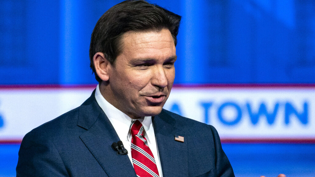 Ron DeSantis, governor of Florida and 2024 Republican presidential candidate, speaks during a Fox News town hall on women's issues in Des Moines, Iowa, US, on Tuesday, Jan. 9, 2024. DeSantis and former UN Ambassador Nikki Haley will face off in a presidential debate on Wednesday as they duel for the mantle of chief rival to Donald Trump for the Republican nomination.