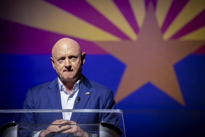 Sen. Mark Kelly, D-Ariz., addresses supporters at an election night event in Tucson, Ariz., Tuesday, Nov. 8, 2022.(AP Photo/Alberto Mariani)
