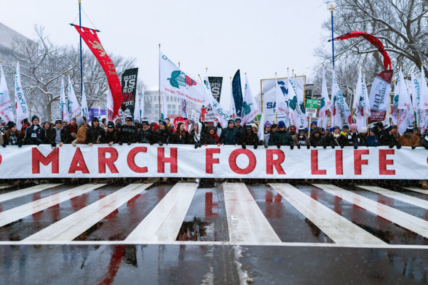 Demonstrators march during the annual March For Life on the National Mall in Washington, DC, US, on Friday, Jan. 19, 2024. House Republicans are set to pass two bills promoting pregnancy this week as they work to avoid another abortion-related electoral setback in 2024. Photographer: Tierney L. Cross/Bloomberg via Getty Images