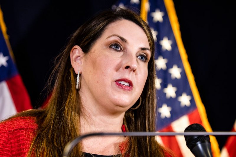 WASHINGTON, DC - NOVEMBER 09: RNC Chairwoman Ronna McDaniel speaks during a press conference at the Republican National Committee headquarters on November 9, 2020 in Washington, DC. The Trump administration continues to claim that there may have been widespread voter fraud in the 2020 presidential election. (Photo by Samuel Corum/Getty Images)