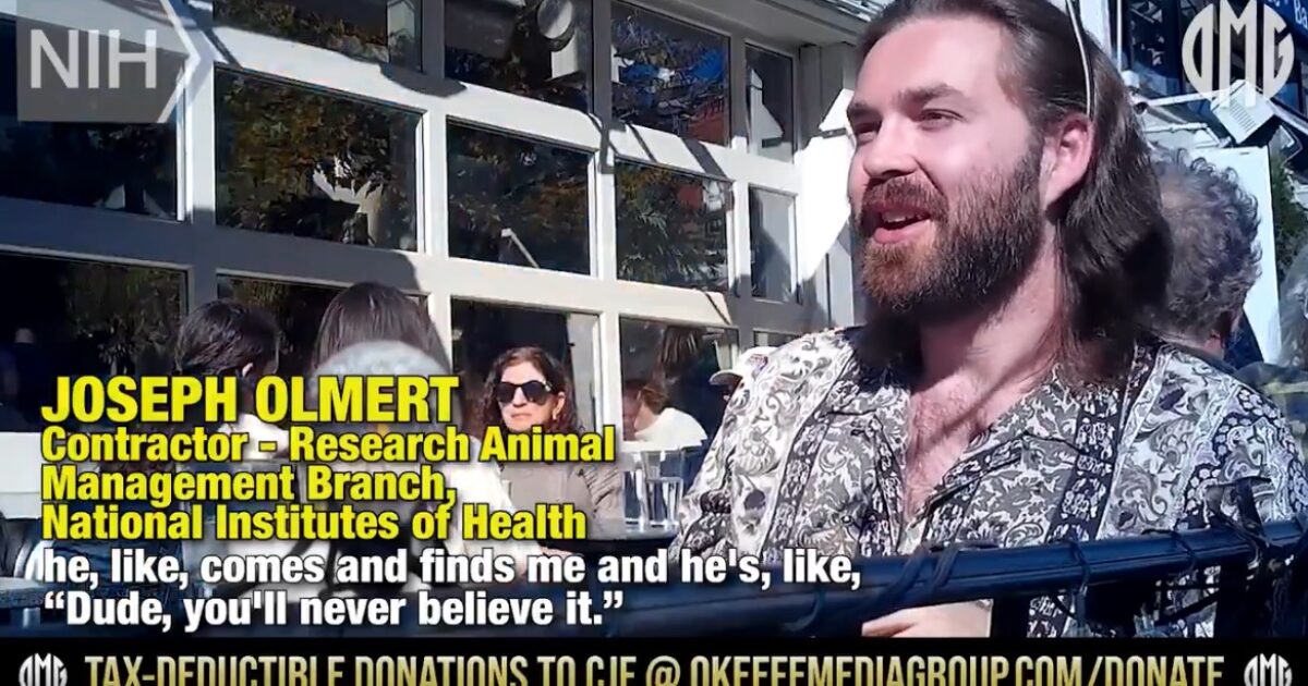 Joseph Olmert, a contractor at the National Institutes of Health, discusses research animal management in a casual outdoor setting.