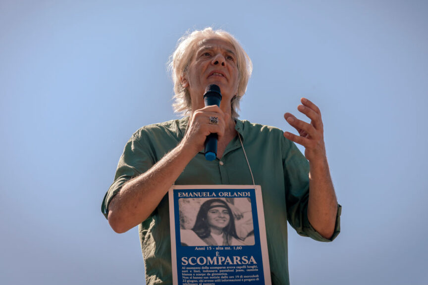 ROME, ITALY - JUNE 25: Pietro Orlandi, Emanuela Orlandi's brother, speaks participants before the march to St. Peter's Square on June 25, 2023 in Rome, Italy. Pope Francis expressed his closeness to the family of Emanuela Orlandi, on the 40th anniversary of her disappearance. Emanuela Orlandi, a Vatican citizen, disappeared mysteriously while returning home from a flute lesson on June 22, 1983, at the age of 15. Her story gave rise to speculation over the years, which assumed the involvement of international terrorism, Italian intelligence, organized crime and a plot inside the Vatican. (Photo by Stefano Montesi - Corbis/Corbis via Getty Images)