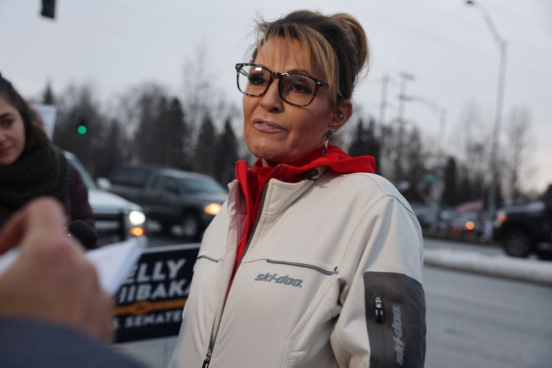 Former Governor of Alaska and Republican candidate for Congress, Sarah Palin, speaks to the media as she campaigns with supporters on November 08, 2022 in Anchorage, Alaska. After months of candidates campaigning, Americans are voting in the midterm elections to decide close races across the nation. (Photo by Spencer Platt/Getty Images)