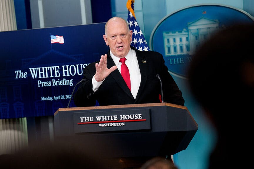 Tom Homan at the White House press room during a briefing on the Trump Administration's deportation efforts in the first 100 days.