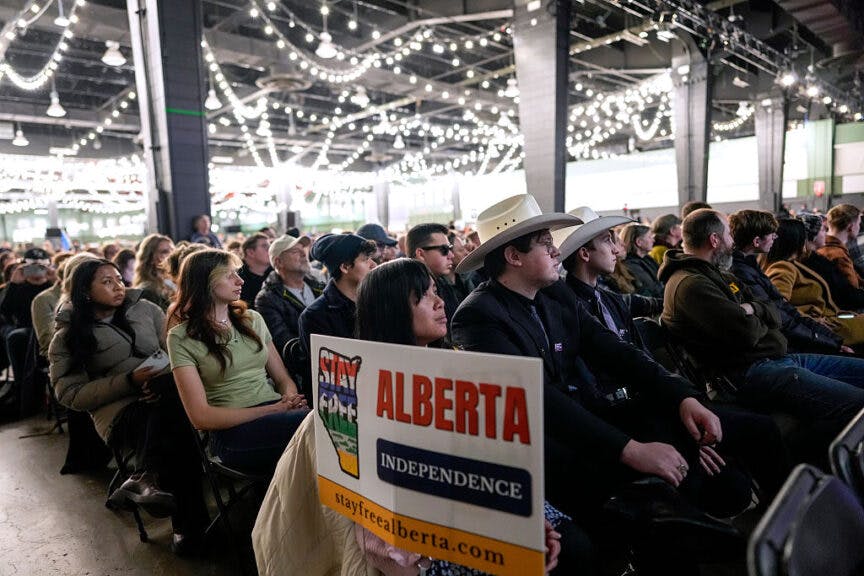 Attendees during the Alberta Independence Town Hall event in Calgary, Alberta, Canada, on Monday, Jan. 26, 2026. A petition has been started by separatist activists in Alberta for a referendum on independence from Canada, driven in part by a belief that the government in Ottawa hasn't done enough to accelerate projects to expand oil production, such as new pipelines. Photographer: Leah Hennel/Bloomberg via Getty Images