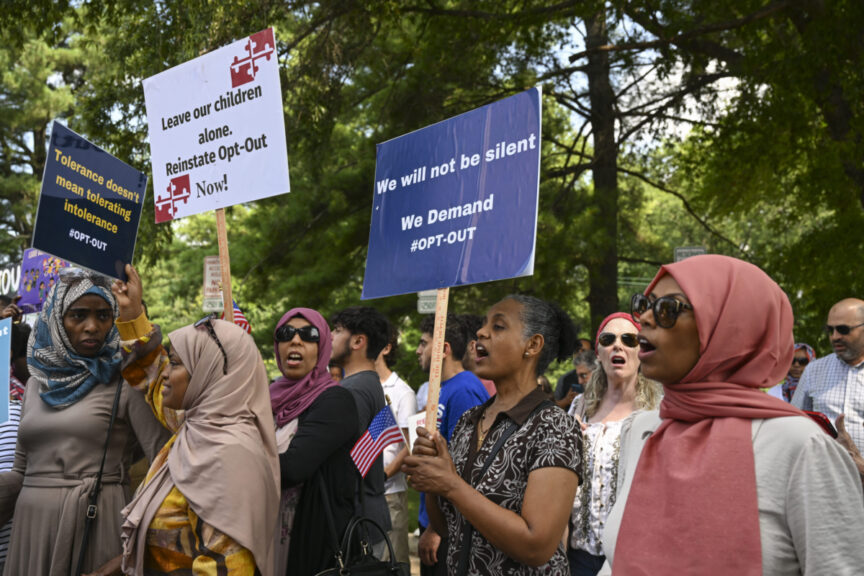 MARYLAND, UNITED STATES - JULY 20: A group of Montgomery County parents gather outside MCPS Board of Education to protest a policy that doesnĂąt allow students to opt-out of lessons on gender and LGBTQ+ issues during the school board meeting in Maryland, United States on July 20, 2023.