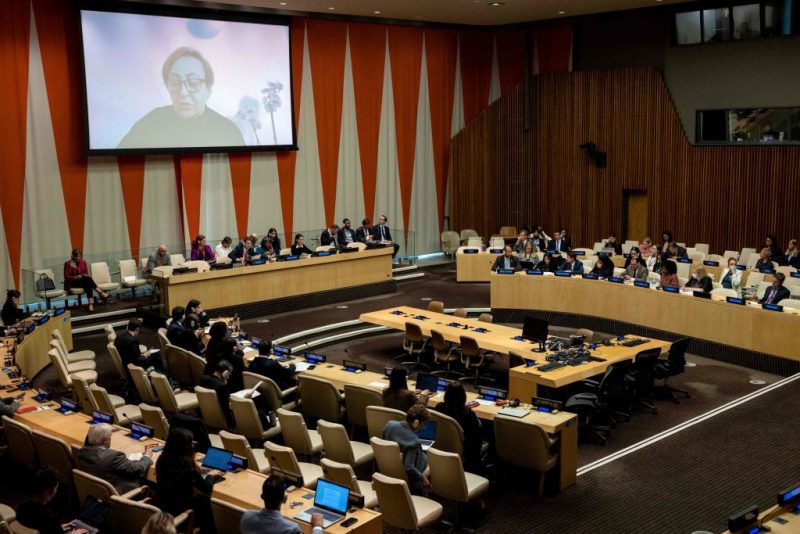 Dr Shirin Ebadi, Iranian Human Rights Defender and Nobel Peace Prize Winner, speaks virtually during an arria-formula meeting regarding the ongoing protests in Iran, at the United Nations headquarters in New York City on November 2, 2022. (Photo by Yuki IWAMURA / AFP) (Photo by YUKI IWAMURA/AFP via Getty Images)
