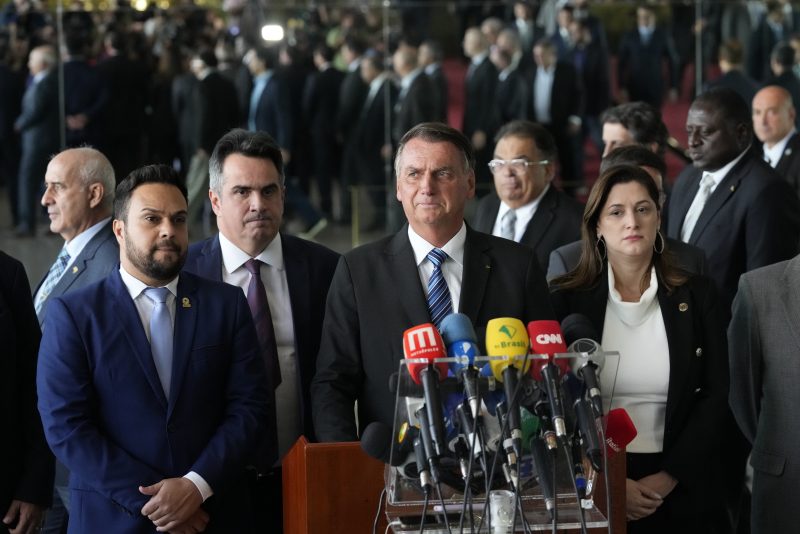 Brazilian President Jair Bolsonaro speaks from his official residence of Alvorada Palace in Brasilia, Brazil, Tuesday, Nov. 1, 2022, the leader's first public comments since losing the Oct. 30 presidential runoff. (AP Photo/Eraldo Peres)