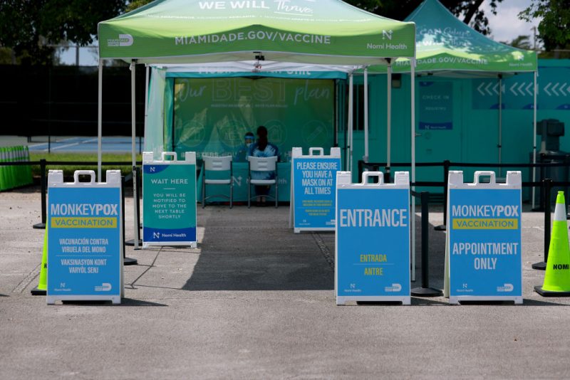 MIAMI, FLORIDA - AUGUST 15: A sign announcing monkeypox vaccination is setup in Tropical Park by Miami-Dade County and Nomi Health on August 15, 2022 in Miami, Florida. Miami-Dade continues to urge people to vaccinate as they work to get more vaccines now that the county has over 400 cases, which is the most in the state. (Photo by Joe Raedle/Getty Images)