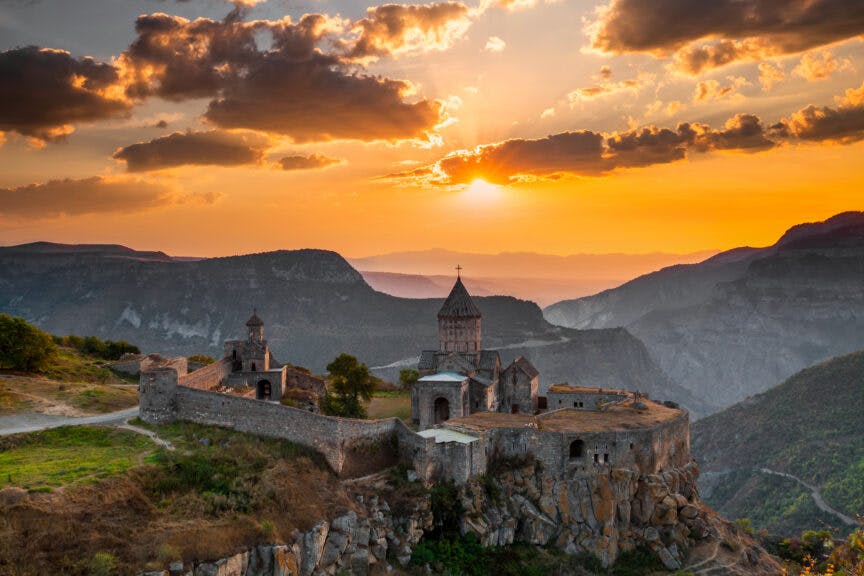 Tatev, Armenia. Sunrise view of 9th-century Armenian Apostolic monastery located near the Tatev village in Armenia.