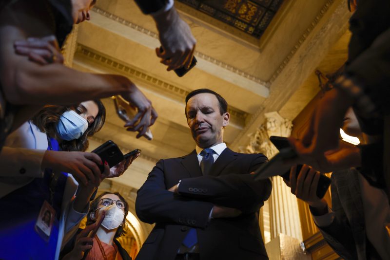 WASHINGTON, DC - JUNE 21: Sen. Chris Murphy (D-CT) speaks to reporters outside of the Senate Chambers of the U.S. Capitol on June 21, 2022 in Washington, DC. The bipartisan group of senators working on gun reform legislation returned to DC today after the long weekend and reported that progress is being made in the negotiations, saying text and action on the Senate floor for the legislation is imminent. (Photo by Anna Moneymaker/Getty Images)